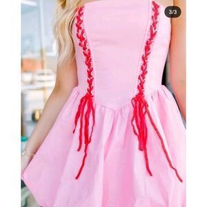 Lena Size Mediun Pink With Red Lace Up Velvet Ties Valentines Bubble Dress